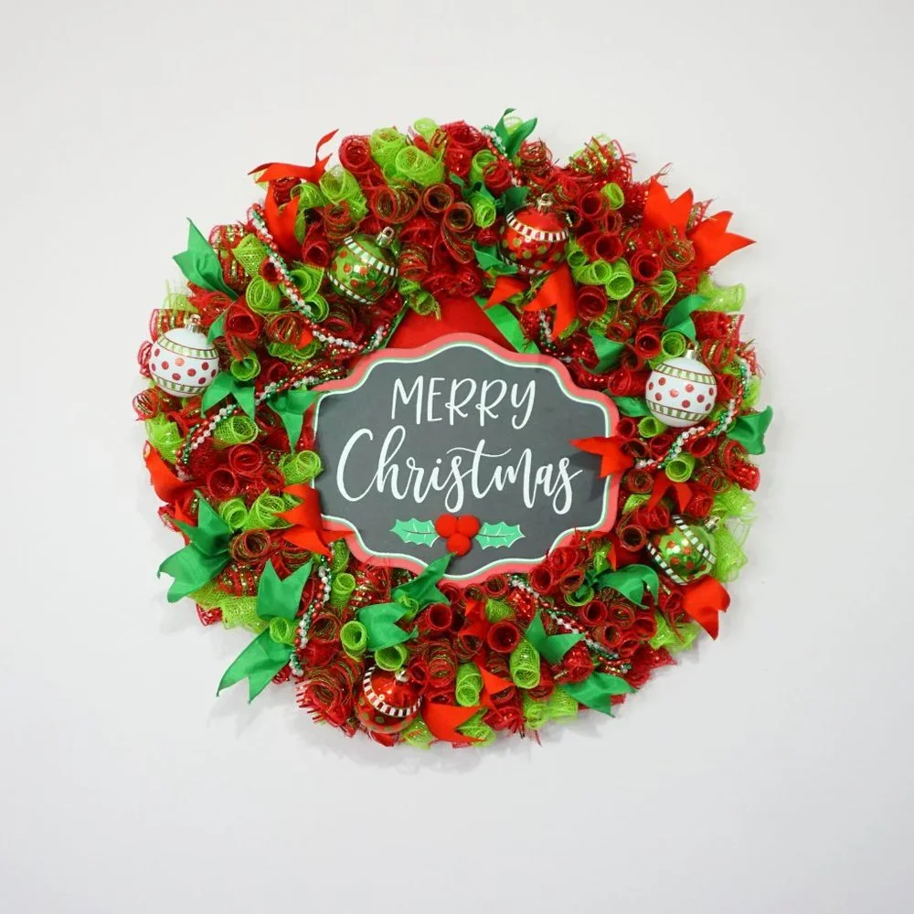 Classic Red, White and Green Merry Christmas Deco Mesh Wreath